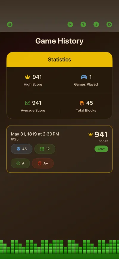 Game history screen listing past games