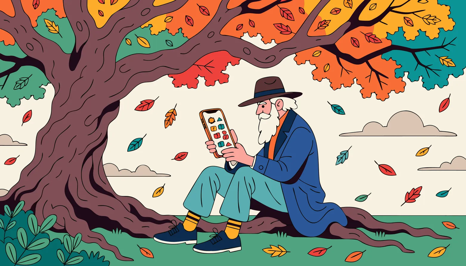 Folk-art portrait of Walt Whitman holding a smartphone beside an autumn tree