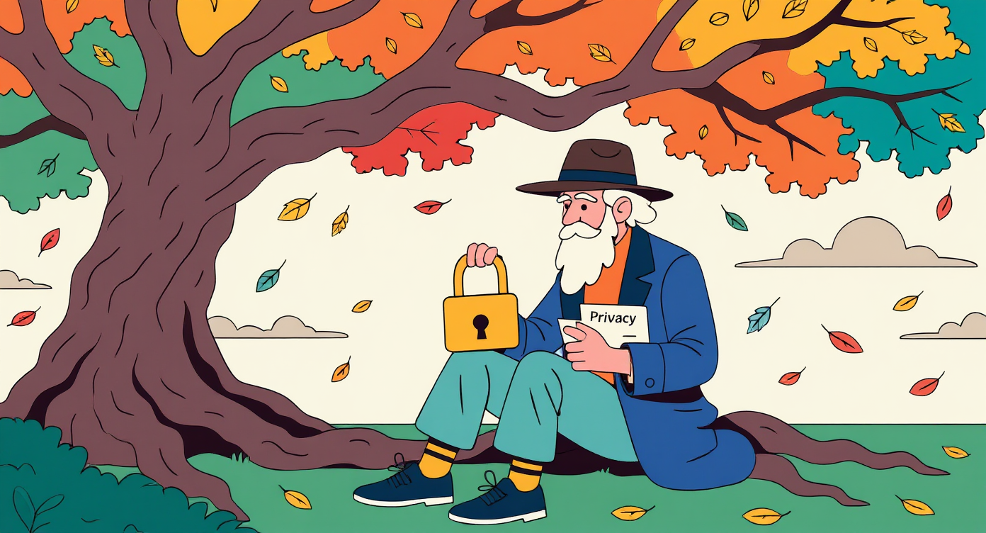 Folk-art illustration of Walt Whitman holding a padlock and a card labeled 'Privacy'