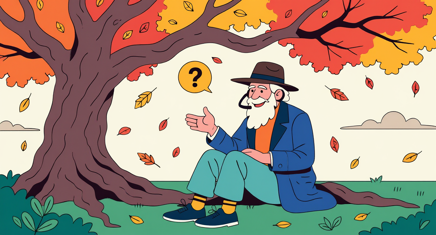 Folk-art illustration of Walt Whitman with a question mark speech bubble, gesturing helpfully