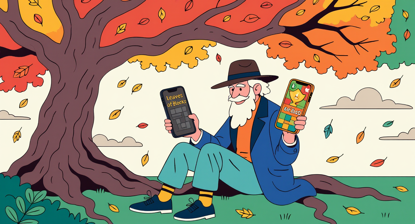 Folk-art illustration of Walt Whitman holding two phones, comparing two block puzzle games
